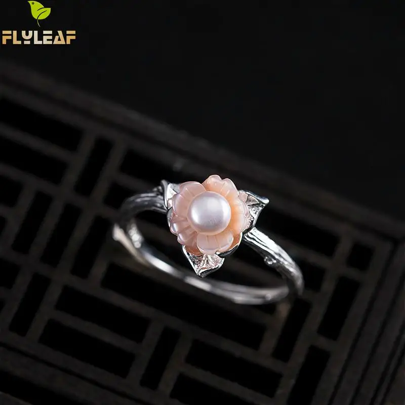 

Flyleaf Real 925 Sterling Silver Purple Shell Flowers Pearl Open Rings For Women Chinese Style Lady Handmade Vintage Jewelry