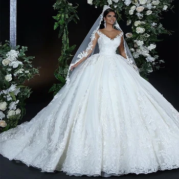 

2020 Spring Royal Queen V Neck Lace Beading Puffy Ball Gown Sweep Train Formal Wedding Gown Bridal Dress