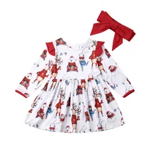 Рождественские комплекты одежды из 2 предметов для маленьких девочек платье принцессы с длинными рукавами+ повязка на голову с бантом, комплекты трапециевидной формы для рождественской вечеринки От 0 до 5 лет