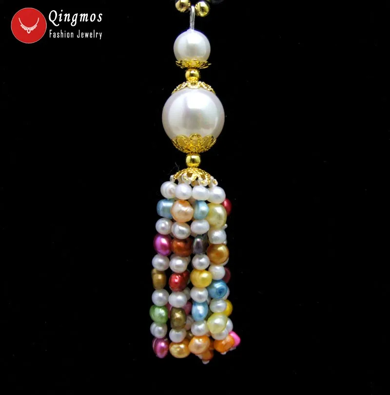 Qingmos Natural 6mm Round White Pearl Necklace for Women & Multicolor Baroque Pearl Tassel Pendant Necklace Long Necklace 20''