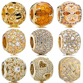 

Gold Color Shine Pave Ball Honeybee Droplets Fresco Tumbling Hearts Charms Fit Bracelet 925 Sterling Silver Bead Jewelry