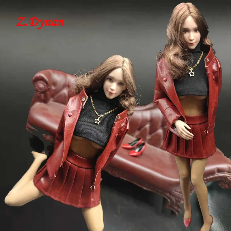 

1/6 scale Female RED leather skirt black leather coat doll Necklace clothes Set Fit 12" TBLeague soldier figure body jiaou doll