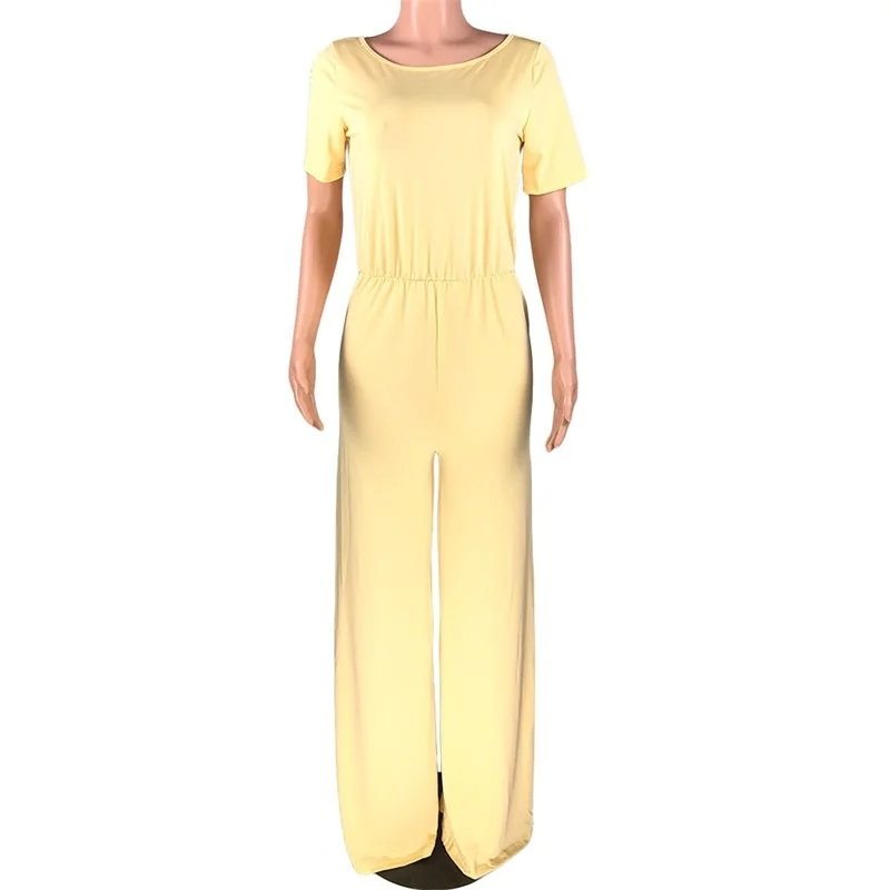Short Sleeve Casual Summer Jumpsuit Women Round Neck Wide Leg Long Rompers Waist Drawstring Loose Jumpsuits