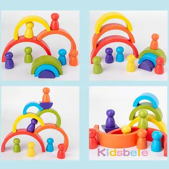 

12pcs Rainbow arched building block villain combination children's wooden educational toy 6 rainbow blocks 6 small wooden people