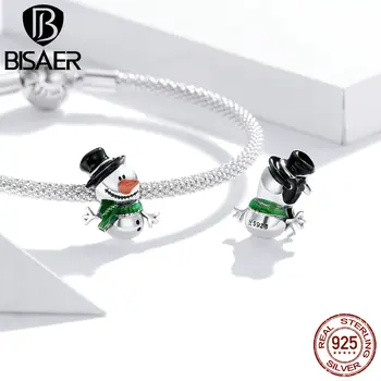 

BISAER Little Snowman Beads 925 Sterling Silver Christmas Happy Charm Zircon Pendant Fit Bracelet Necklace Summer Jewelry