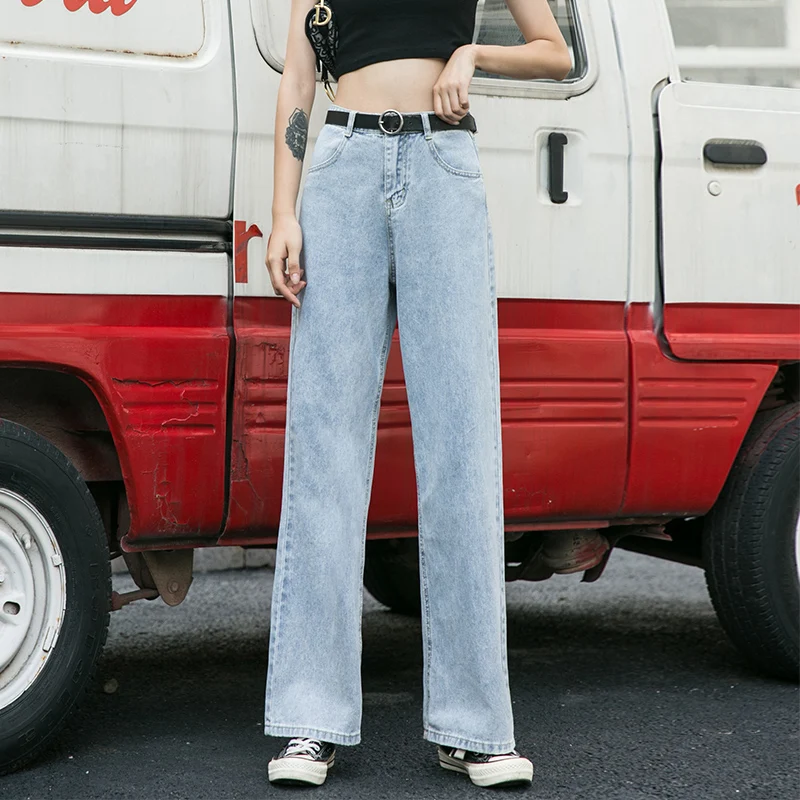 Женские джинсы с высокой талией, свободные, широкие, прямые, элегантные, длинные брюки, корейский стиль, джинсовые, одноцветные, для женщин, подходят ко всему, уличная одежда