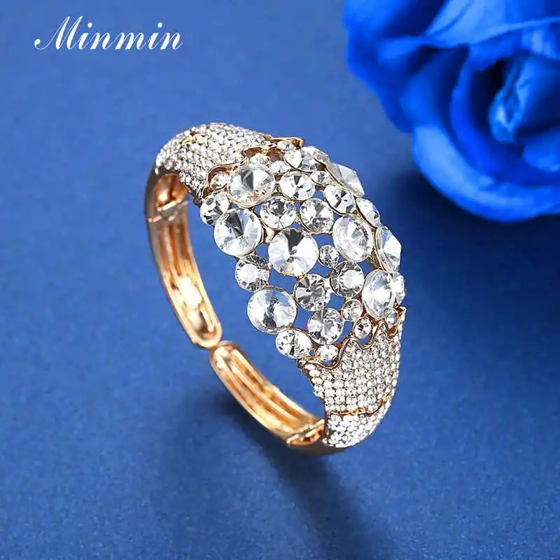 Minmin Wide Colorful Crystal Bangle Bracelet for Women Luxury Gold Color Brides Bracelet Adjustable Wedding Party Jewelry MSL425