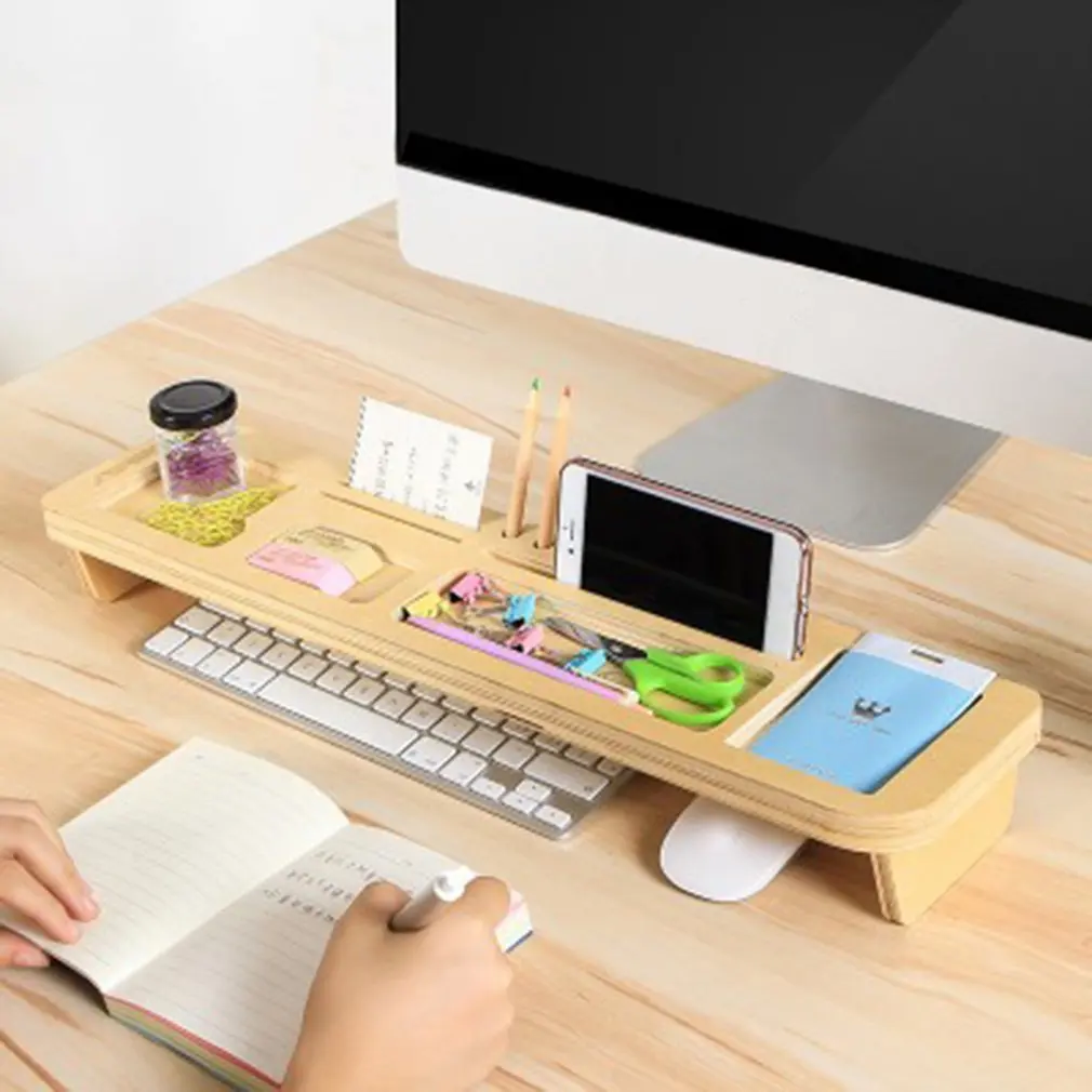 Wood Computer Monitor Stand Riser Laptop Shelf Desk Organizer with Keyboard Storage Adjustable Height for Office School |