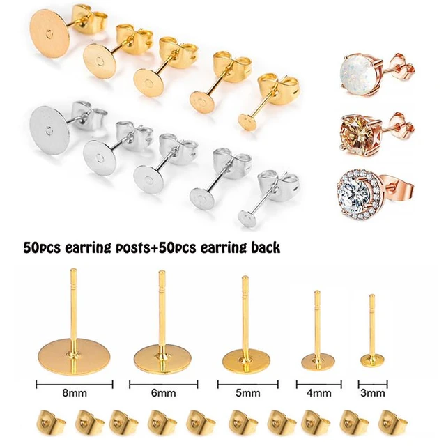 50pcs/set Stainless Steel Earrings Posts & Backs for DIY Stud Earrings  Jewelry Making Findings