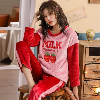 

XIZOU 2XL Thicken Fleece Sleepwear Overall Large Keep Warm Flannel Home Pajamas Set Female Winter Nightwear Women Sets