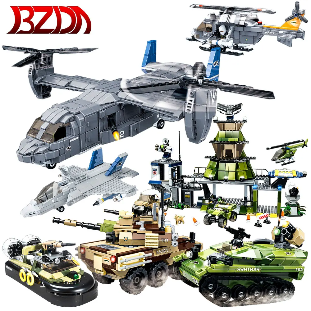 

BZDA Tenchnic Military Bricks Scout Car Helicopter Tank Fighter Building Blocks Moc Armed Soldiers For Boy Toys Birthday Gift