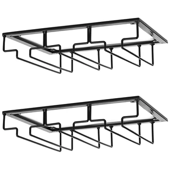 

Wine Glass Rack - Under Cabinet Stemware Wine Glass Holder Storage Hanger 2 Pack Metal Organizer for Bar Kitchen Black