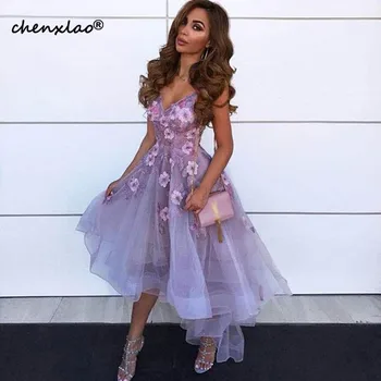 

Lavender Long Evening Dresses robe de soiree Handmade Flower V-Neck Evening Gowns Abendkleider Hi-Low Party Prom Dresses