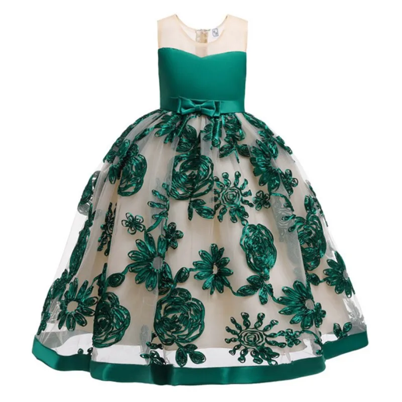 Летние платья с вышитыми цветами и большим бантом для девочек; нарядные платья для свадебных торжеств; вечерние платья принцессы; Одежда для девочек 3-12 лет - Цвет: green