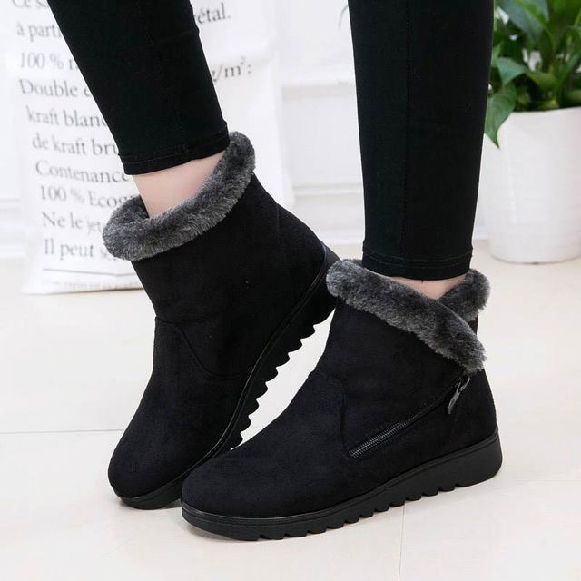 snow boots women flat with warm Fur suede wedge ankle boot women casual shoes zipper footwear plus size black red shoes