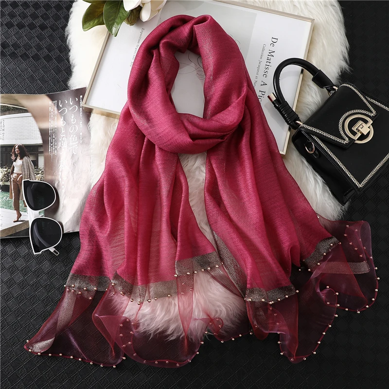 Летний женский шелковый шарф, модные длинные шали, женские шали, дизайнерские пашмины, пляжные палантины с жемчугом, женский шарф из органзы - Цвет: A19-11