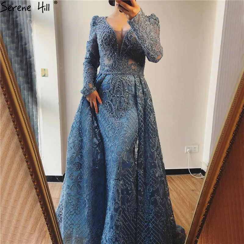 Дубай полное кружево с длинным рукавом вечернее платье Русалка v-образным вырезом Кристалл Ручной работы синий арабский формальное платье размера плюс DLA70159