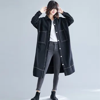 

Autumn Windbreaker Female Long Temperament Loose Large Size Outdoors Travel Camping Office Tooling Denim Coat Overknee Fashion