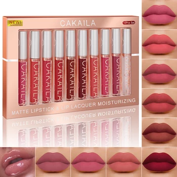 10Pcs/Box Matte Liquid Lipstick + Transparent Clear Lip Oil Lips Makeup Set Waterproof Long-Lasting Nude Velvet Lip Gloss Tint 1