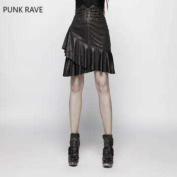 

PUNK RAVE Women Punk Rock High Waist Skirt Gothic Black Asymmetrical Ruffled Hem Leather Skirts Sexy Club Wear Mini Skirts