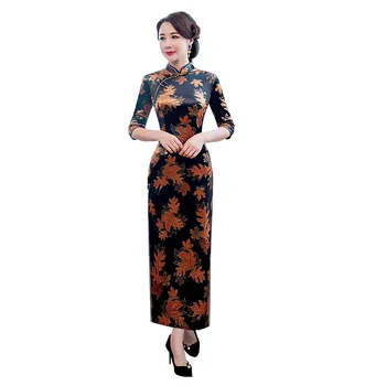 

Oversize 4XL Long Velour Vintage Ladies Chinese Style Dress Classic Qipao Stage Show Elegant Female Handmade Button Cheongsam