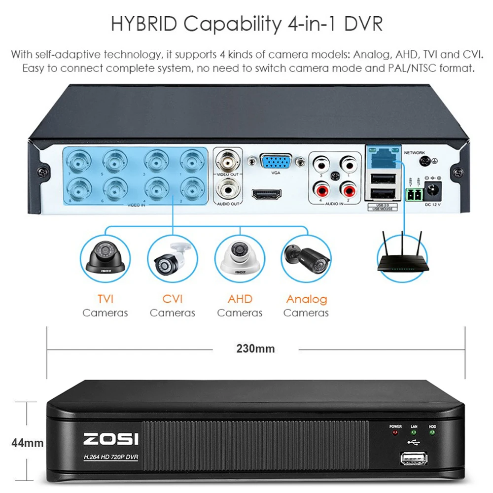 ZOSI 8CH 720P 4 в 1 CVI TVI AHD DVR, инфракрасная, водонепроницаемая и наружного видеонаблюдения ночного видения Камера домашней безопасности Системы наблюдения Наборы