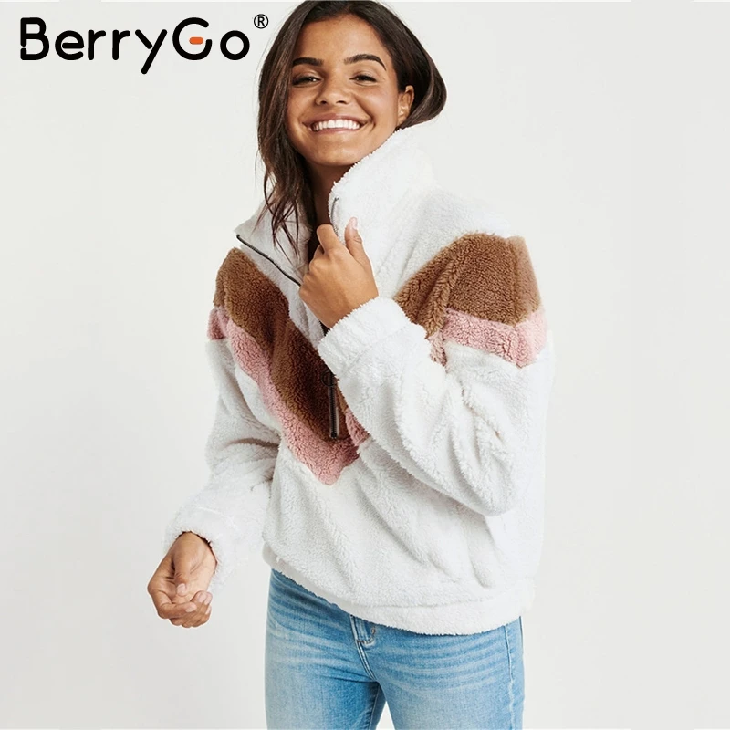 BerryGo, повседневное, меховое, геометрическое, Женское зимнее пальто, рукав реглан, пэтчворк, пуловер, плюс размер, уличная, для девушек, осень, зима, плюшевый мишка