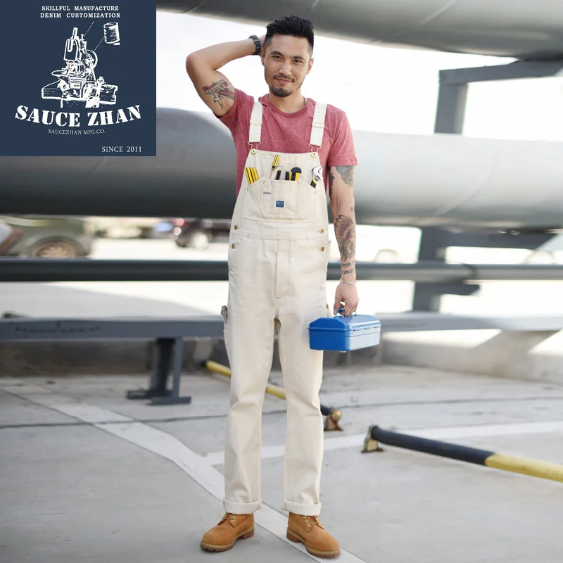 

SauceZhan BD03 White Bib Jeans Vintage Torn Overalls Selvedge Jeans Jeans Raw Denim Overalls for Men Suspender Jeans Men