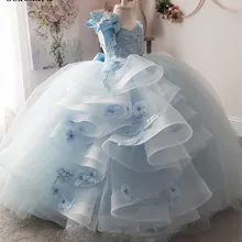 Милая одежда для маленьких девочек бальное платье с цветочной аппликацией и v-образным вырезом для маленьких девочек на день рождения детское пышное платье для выпускного вечера размер От 2 до 16 лет