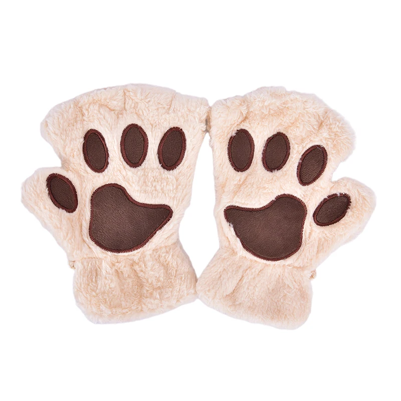 EE_ LK_ Cute Cat Claw Paw Plush Mittens Short Fingerless Gloves Half Finger Wome 
