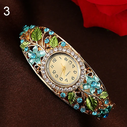 Винтажные женские часы, женские часы, Кристальные Цветные Жесткий браслет с цветком, аналоговые кварцевые часы, ажурные бриллиантовые часы, reloj mujer Lad