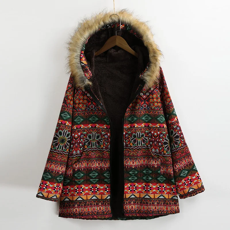 EaseHut пальто размера плюс 5XL с этническим принтом пушистый искусственный мех с капюшоном верхняя одежда осень зима длинный рукав карманы пальто женское