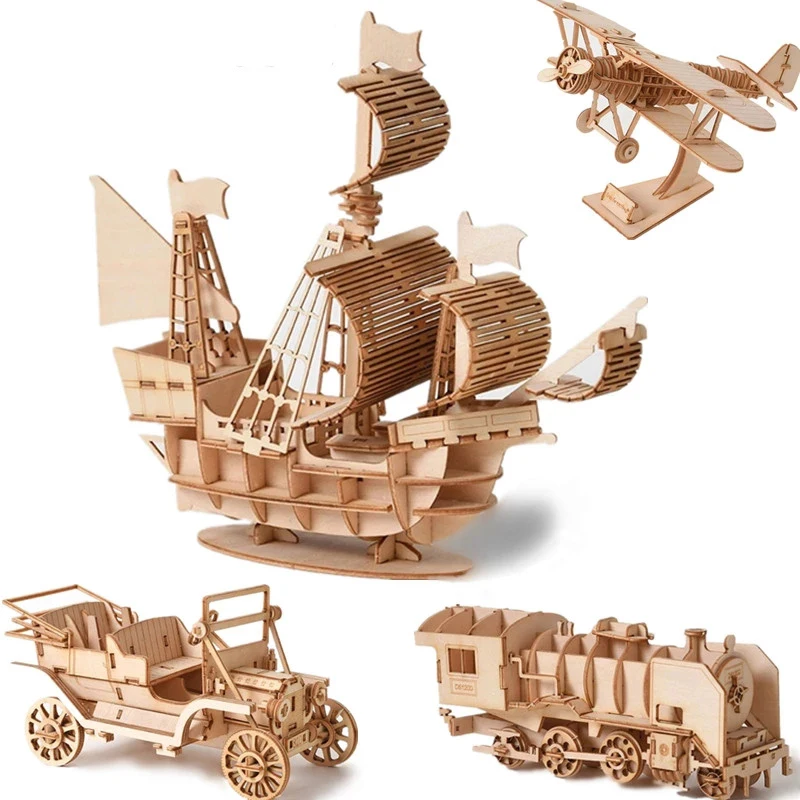 Wooden 3D Puzzle Model DIY Handmade Mechanical Toys For Children Adult Kit Game Assembly Ships Train Airplane Animal | Игрушки и хобби