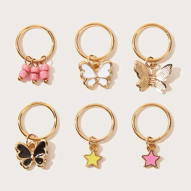 6Pcs Butterfly Star Pendant Hair Clip For Women Braid Trendy Metal Hair Rings Western Style Accessories Girls DIY Headdress