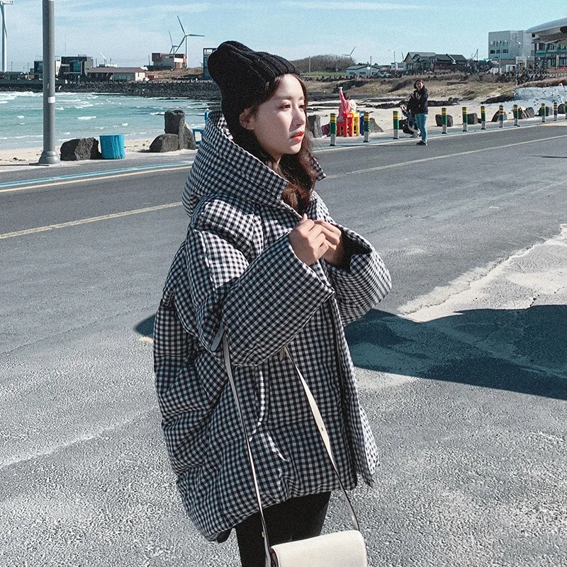 

Photo Shoot Currently Available 2018 Winter New Style Slim Fit Slimming Versatile Hooded Plaid down Coat Cotton Overcoat Women's