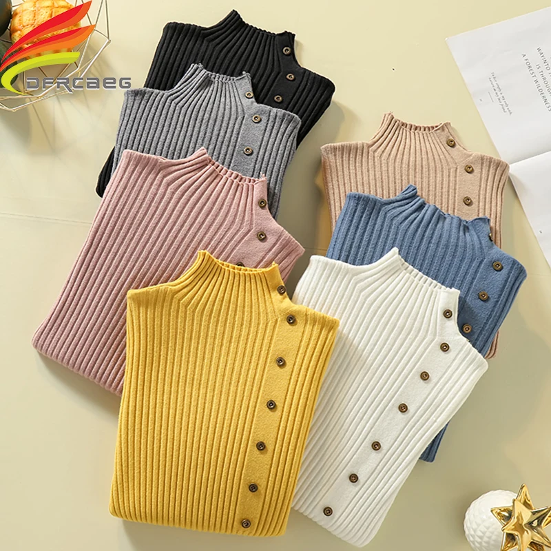 

New Fashion Button Turtleneck Sweater Women Spring Autumn Solid Knitted Pullover Women Slim Soft Jumper Sweater Female Knit Tops