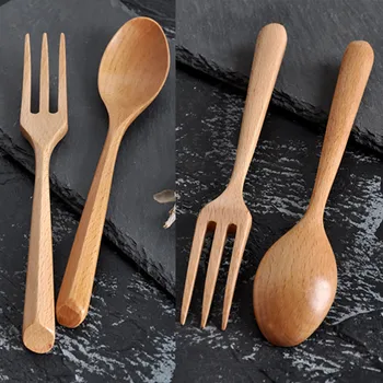 

Natural Solid Color Reusable Elegant Retro Wooden Bamboo Cutlery Flatware Dinnerware Spoon Fork Portable Dinnerware Set