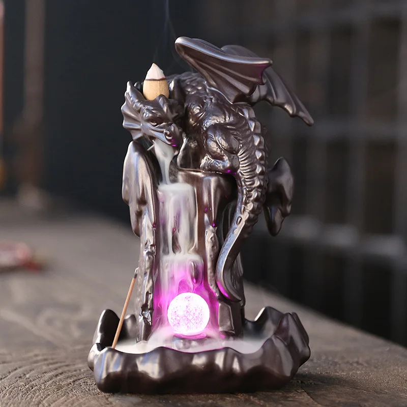 Ceramic Dragon Incense Burner With 7color Change Led Crystal Ball Home