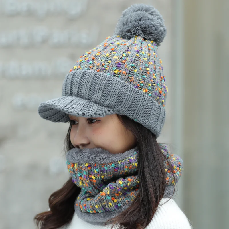 Женская зимняя вязаная шапка, шарф, комплект, модная теплая шерстяная шапка с помпонами и шарф, женские шапки с помпоном, Лыжные шапки, шапка из 2 предметов