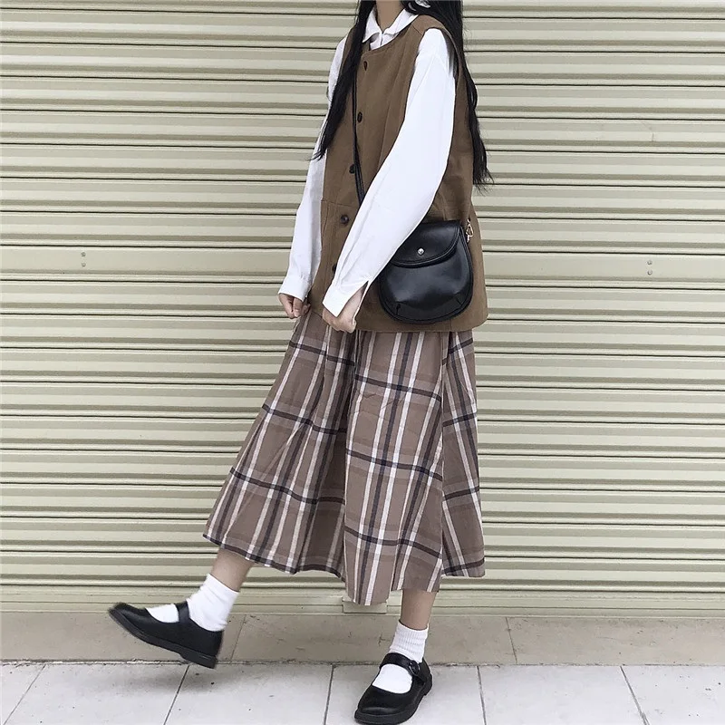 Женская Юбка-миди в японском стиле Харадзюку с высокой талией, клетчатая Свободная Женская юбка Saias в консервативном стиле, уличная осенне-Весенняя юбка для девочек, женская s