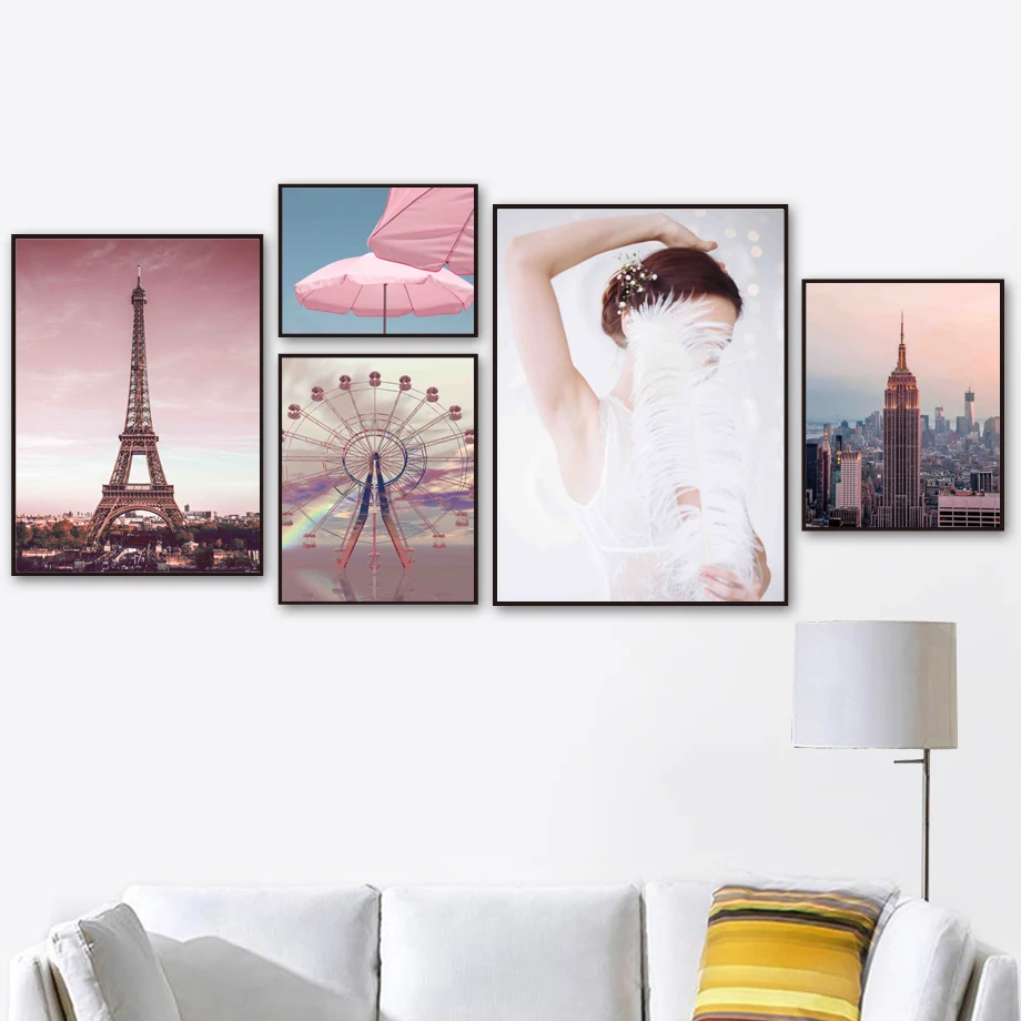 Розовый Эмпайр Стейт здание Парижа башня Wall Art Холст Картина Nordic Плакаты и принты
