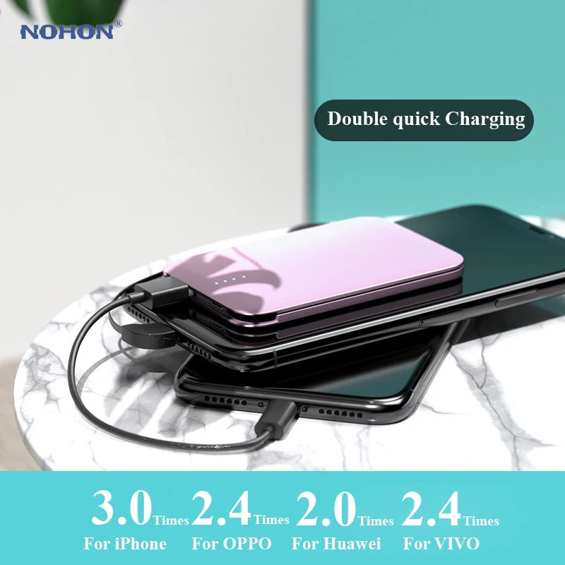 Nohon ультра тонкий 8 мм Внешний аккумулятор с кабелем 10000 мА/ч для iPhone huawei Xiaomi samsung usb type-C портативный зарядный мини внешний аккумулятор