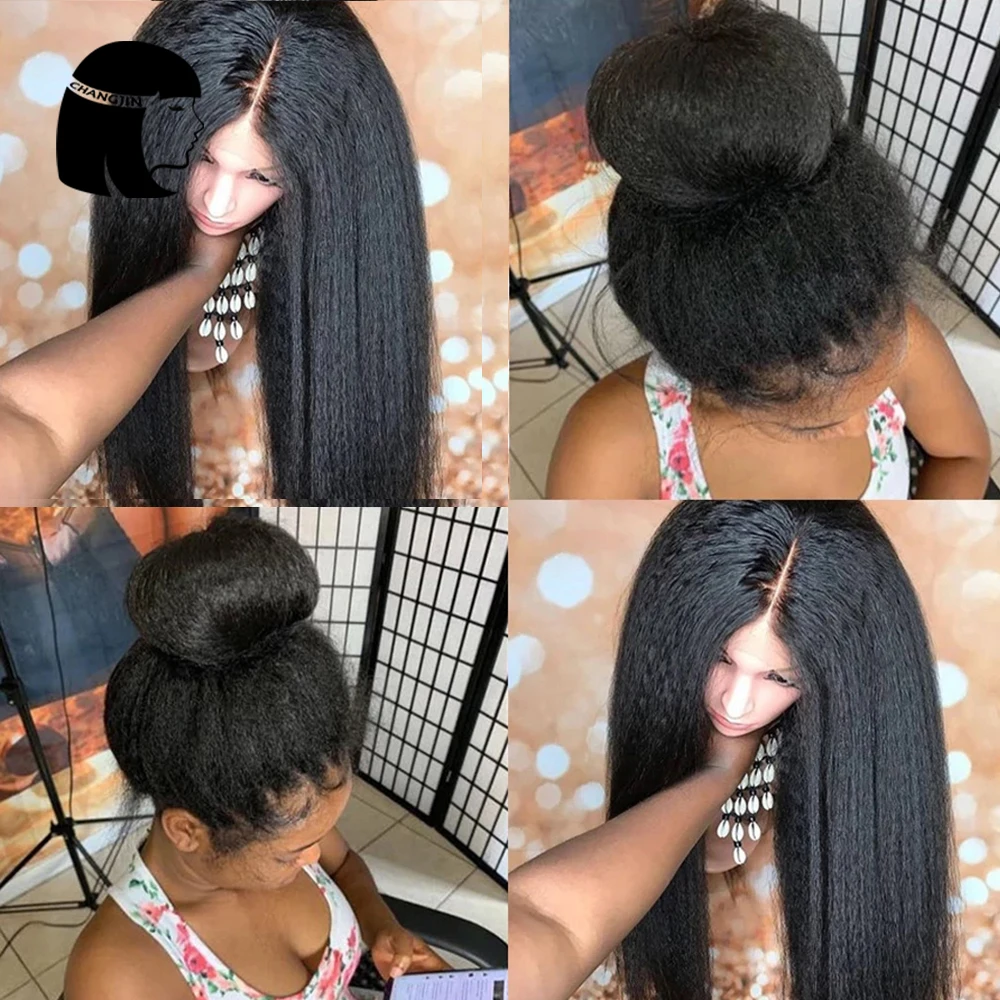 Chang Jin Natural Color Yaki Straight V Part Lace Wigs Pre Plucked Remy Hair Lace Human Hair Wigs Black Color For Women