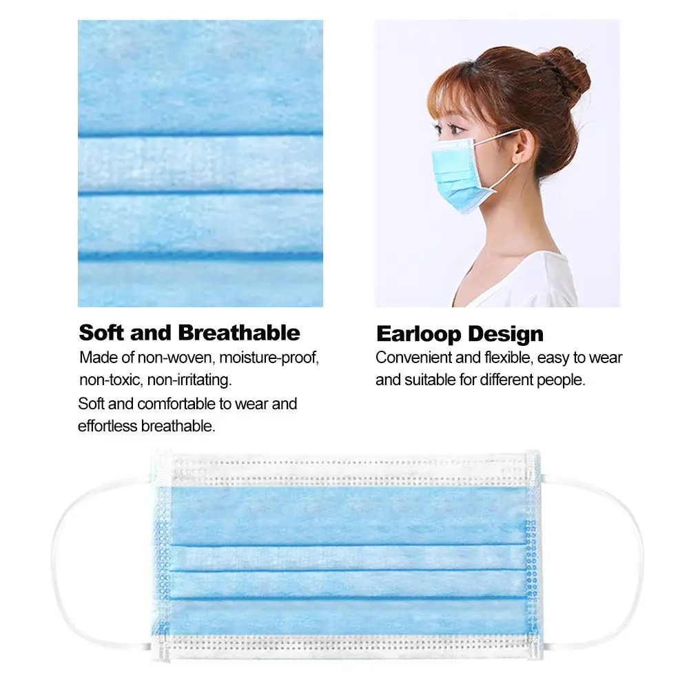 

100PC Disposable Mask Non-Woven Masks 3-Layer Comfortable