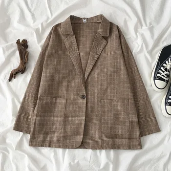 

Plaid Single Button Outwear Women Blazer Notched Autumn 2020 Blazer Feminino Vintage Fahsion Blazer