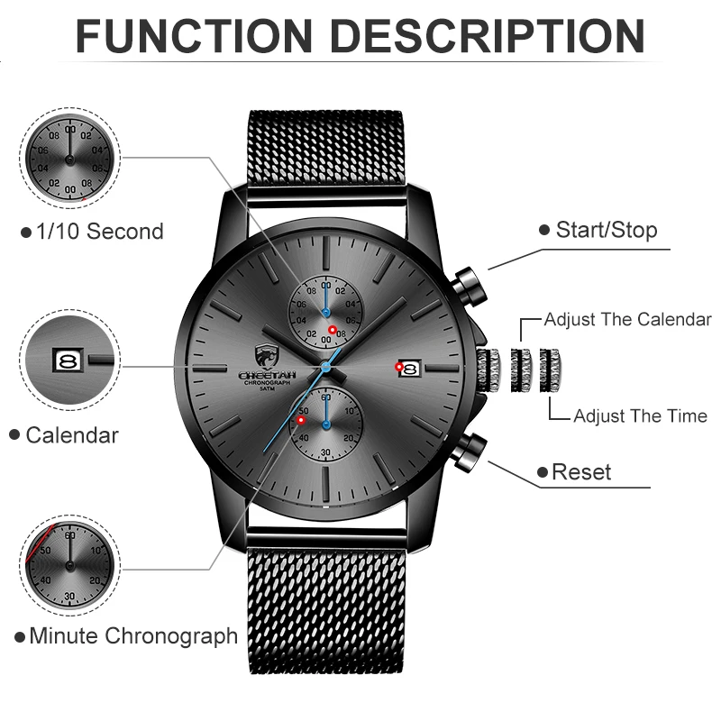 CHEETAH мужские s часы Топ люксовый бренд Мода из нержавеющей стали деловые мужские повседневные мужские часы спортивные наручные часы, водонепроницаемые часы