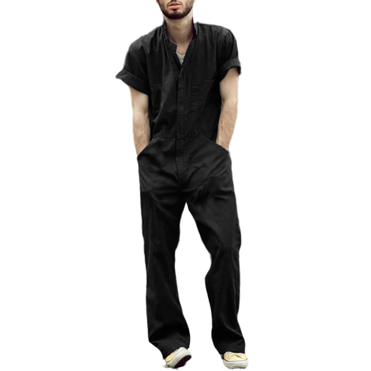 Male Jumpsuit Men Short Sleeve Basic Work Coverall Loose Cargo Overalls