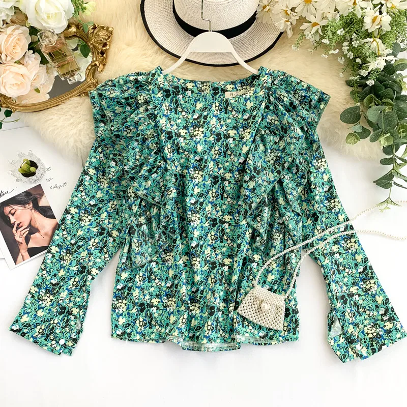 RUGOD винтажная блузка с цветочным принтом и рюшами, женская элегантная шифоновая блузка с круглым вырезом и длинным рукавом, Женская милая зеленая фиолетовая женская рубашка