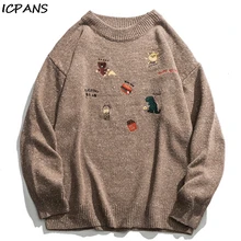 ICPANS с вышивкой и принтом динозавра на гамбургер пуловер с изображением медведей, вязаные свитера в стиле Харадзюку Повседневное трикотаж Детский комбинезон в стиле «хип-хоп» в уличном стиле