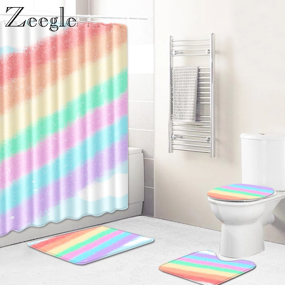 Zeegle Non Slip Toilet Mat Shower Curtain Set Waterproof Shower Curtain Soft Rug Toilet Seat Cover Modern Rug for Bathroom Decor